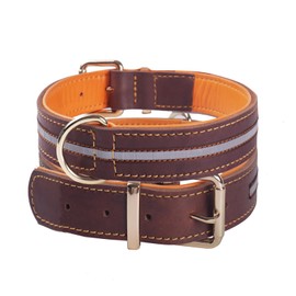 Brown Leather Dog Collar, Genuine Heavy Duty Adjustable Soft Padded Reflective for Medium, Large, and Extra Large XL Breed Strong Dog Collars(Brown, L)