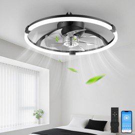 Franjulia Ceiling Fans with Lights and Remote, 20'' Low Profile Ceiling Fan, 3000-6500K Dimmable Modern Flush Mount LED Fan Light, 6 Wind Speeds, Ceiling Fans for Bedroom Black