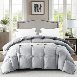 WarmKiss Down Comforter Twin Size, All Season Soft and Fluffy Duvet Insert, 50% Feather Fill Bed Comforters, Luxury Tencel Cover (68×90, Grey)