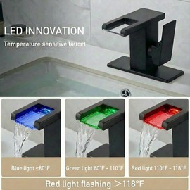 AVSIILE LED Bathroom Sink Faucet, Matte Black Waterfall Single Hole Handle Vanity Faucets for Sinks 1 Hole with Metal Pop Up Drain and 2 Water Supply Lines, Side Handle