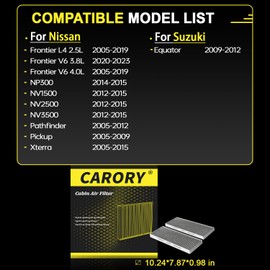 CARORY Cabin Air Filter w/Activated Carbon for Select 2005-2021 Nissan, Suzuki Models - Frontier, NP300, NV1500, NV2500, NV3500, Pathfinder, Pickup, Xterra, Equator, 27274-9CH0A, 27274-EA000, CF10553