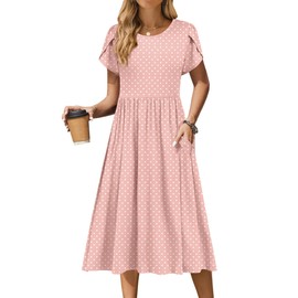 Zeagoo Pink Round Dot Floral Midi Dress - Women's Casual Knee-Length X-Large A-Line Dress