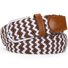Braided Stretch Belt for Men Elastic Woven Golf Belt for Casual Pants, Jeans, Shorts (White Brown, Fit Waist 31"-34")