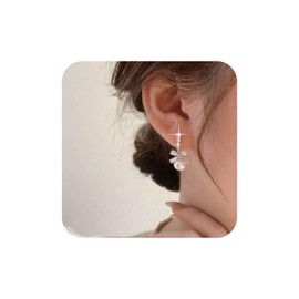 Aneneiceera Vintage Crystal Bow Pearl Earrings Silver Pearl Dangle Earrings Tiny Tennis Chain Stud Earrings Cz Bowknot Earrings Jewelry for Women and Girls