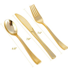 FOCUSLINE 300 Pack Gold Plastic Cutlery Set - 100 Forks, 100 Knives, 100 Spoons - Disposable Flatware Heavy Duty Plastic Silverware Set for Catering, Parties, Dinners, Weddings