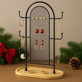 bussdis Jewelry Holder Organizer Earring Display - Stands Earring Storage Earring tree Hanger Jewelry Towers Rack with 6 Hooks 300 Stud Holes Wood Tray for Necklaces Bracelets Rings