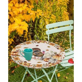 Thanksgiving Turkey Fitted Round Tablecloth,Autumn Pumpkin Back Table Cover with Elastic Edge Waterproof Table Cloth,Retro Linen Circle Table Covers for Kitchen Indoor Outdoor Party 36-44in