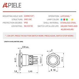 APIELE 22mm Latching Push Button Switch 12V Angel Eye LED Waterproof Stainless Steel Round Metal Self-Locking Latching 7/8'' 1NO 1NC 1 Pack (Green)