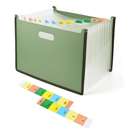Valtiner Accordion File Organizer, 13 Pockets Expanding File Folder with Colorful Tabs, Monthly Paper Bill Receipt Organizer, Desktop Filing Folder for A4 Letter Size School Office Supplies (Green)