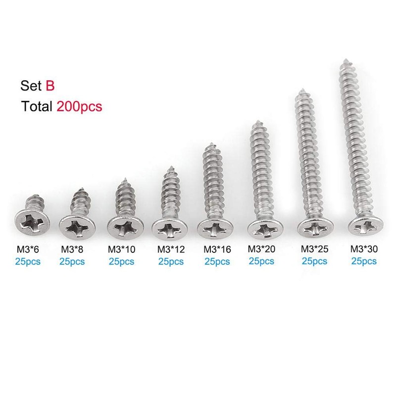 200Pcs M3 Flat Head Phillips Self Tapping Screw Combination Set,