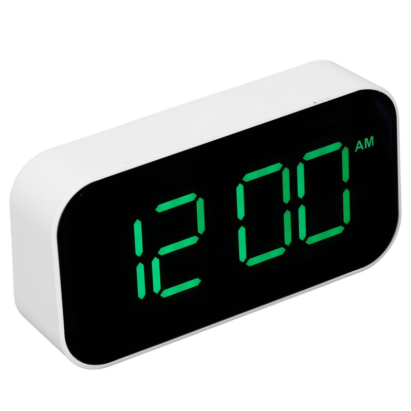 LED Digital Alarm Clock Brightness Adjustable 12/24Hr White Shell Green