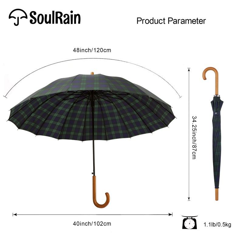 SoulRain Plaid Umbrella 16 Ribs 48" Stick Umbrella Auto Open