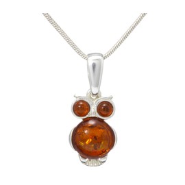 LIGURIUS NATURAL BALTIC AMBER STERLING SILVER 925 NECKLACE Cognac SMALL Owl PENDANT Gemstone For Women & Silver Adjustable CHAIN Snake 45cm - 50 cm, Gift set
