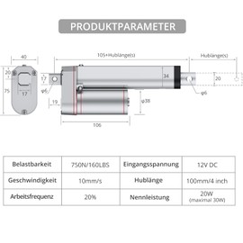 Justech Linearmotor Verstellantrieb Toröffner Linear Actuator Motor 12v DC 750N 100mm Lineartechnik Electric Motor Putter Gleichstrommotor Elektro Zylinder Schubstangenmotor für Auto Möbel usw.