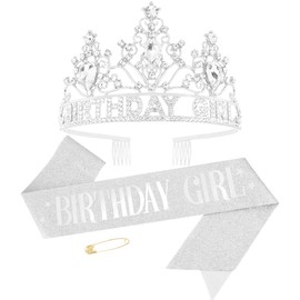 AHONEY Birthday Girl Crown and Sash for Girls Women Silver Tiara Rhinestone Headband Princess Crown Happy Birthday Accessories