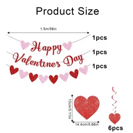 9 Pcs Valentines Decorations Bunting, Happy Galentines Day Garland, Glitter Heart Bunting Happy Valentines Day Banner, Anniversary Galentines Decorations Party Decor
