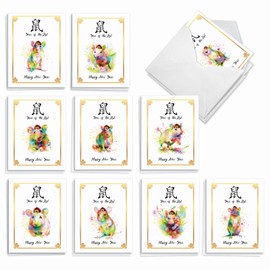 The Best Card Company 20 Assorted Lunar New Year Notecards Bulk Box Set 4 x 5.12 Inch with Envelopes (10 Designs, 2 Each) Year Of The Rat AM7107LNG-B2x10