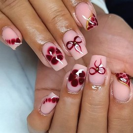 Vopintpy Red Flower Bow Press on Nails Short Square Fake Nails with French Tip Design Glue on Nail Glossy Full Cover Artificial Stick on Nail for Women DIY Acrylic Manicure