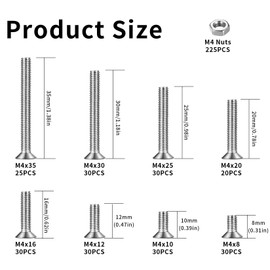 450 Piece M4 Screws Set, Countersunk Screws Nuts Set, Stainless Steel Flat Head Screws with Nuts, Phillips Screws, Machine Screws Assortment, Threaded Screws and Nuts Set (M4)