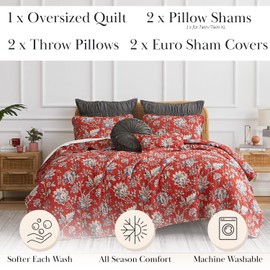 Southshore Fine Living, Inc. Full or Queen Quilt Bedding Set 7-Pieces with 2 Pillow Shams, 2 Euro Shams, 2 Throw Pillows; Boho Bedding Set, Queen or Full Size Quilts for Bed, Jacobean Red Bedspread