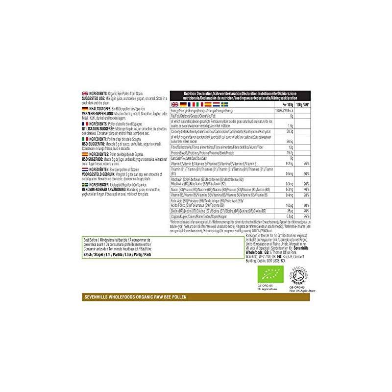 Sevenhills Wholefoods Organic Bee Pollen Granules, Spanish, Raw, Ethically Harvested