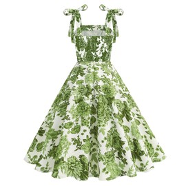 50s Style Dresses for Women 1950s Vintage Floral Cocktail Swing Dress Spaghetti Straps Square Neck Audrey Hepburn Rockabilly Dress Retro Church A Line Casual Graduation Tea Party Dresses Green XL