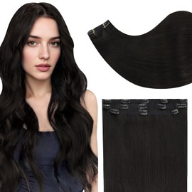 Full Shine Clip in Hair Extensions Real Human Hair Off Black Hair Extensions Clip in 20 Inch Invisible Hair Extension Human Hair Straight for Long Hair Washability 3 Pieces 60 Grams