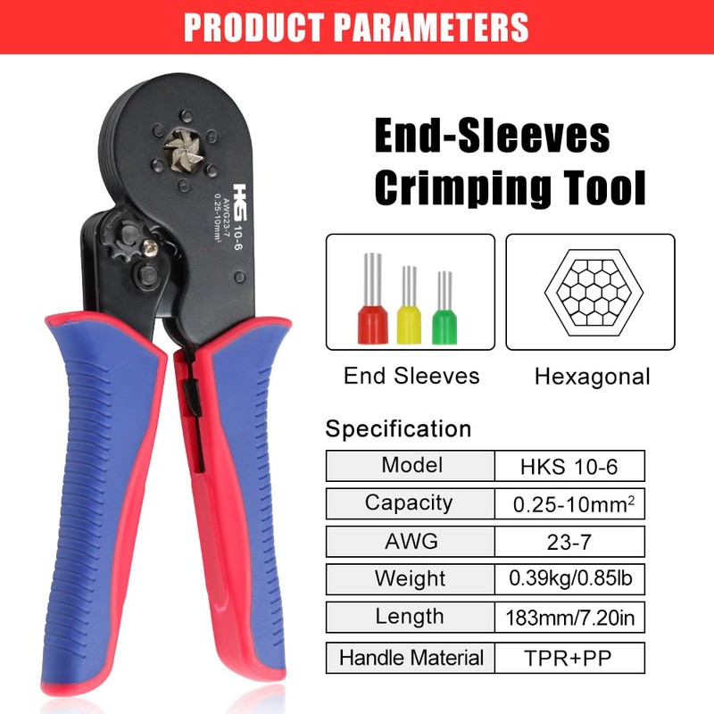 HKS Ferrule Crimping Tool AWG 23-7, Hexagonal Ratchet Self-Adjusting Crimper