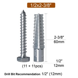 ZUYUEE 22PCS 1/2×2-3/8 in Screws and Wall Plugs Set,Concrete Anchors Wall Plugs for Brick