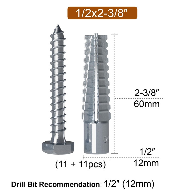 ZUYUEE 22PCS 1/2×2-3/8 in Screws and Wall Plugs Set,Concrete Anchors