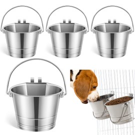 Honeydak 4 Pcs Flat Sided Pail with Dual Hooks 1 Quart Stainless Steel Flat Back Bucket Dual Hooks Hanging Dog Water Bucket Metal for Dog Cat Critter Cage Kennels Cages Fences Pet Container