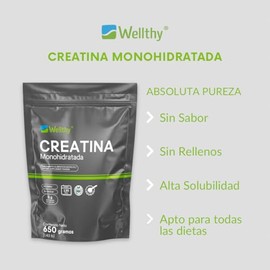Wellthy Creatina Monohidrata 650g. 100% Pura, Pre Entreno Sin Sabor y Sin Azúcar, 5g de Creatina por porción, 130 días de Consumo, Scoop Incluído, Bottle Free.