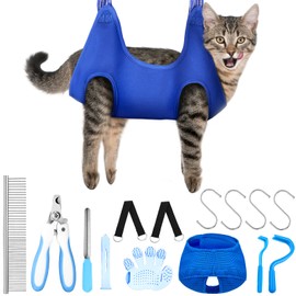 Ferraycle 14 in 1 PET Grooming Hammock for Dogs Cats,cat Grooming Hammock Cat Nail Clipper with Cat Hammock Restraint Bag Nail Clippers Trimmer, PET Comb, Nail File for Small Cats Dogs Bathing (Blue)