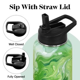 Water Bottle 32 oz Vacuum Insulated Leak Proof Stainless Steel Gym Water Jug Cup Gifts for Moms Dads Women Men Him Her Green Marble