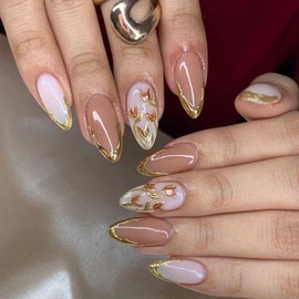 MERVF Almond Press on Nails Medium Fake Nail 3D Gold French Tip Glue ons Flower Design Stiletto Acrylic Luxury Manicure Glossy 24pcs