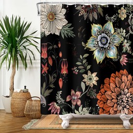 DASHAN Boho Floral Shower Curtains for Bathroom, Vintage Flowers Retro Moody Bathroom Curtain, Abstract Botanical Chic Aesthetic Fabric Waterproof Bath Curtain Decor 72"x72"