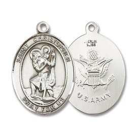 Bliss Sterling Silver Saint Christopher Army Medal Pendant Necklace 24" Chain GiftBox