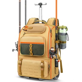 P POSO Fishing Backpack with Holder Rod‌ - Tackle Waterproof Fishing Bag‌ with Wheels, 50L Capacity Fishing Gear Storage Spacious ‌tackle Box Backpac for Hiking Outdoor Fishing & Ideal Gifts for Men