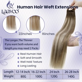 LaaVoo Weave Weft Real Hair Extensions Balayage Blonde Real Hair Extensions for Sewing 45 cm Weft Extensions Real Hair Dark Brown Balayage Light Brown Light Blonde 100 g #3/8/24