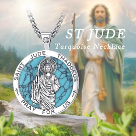 Exltoy 925 Sterling Silver Saint Jude Necklace, St Jude Miraculous Medal Necklace, Patron Amulet San Judas Pendant, Turquoise Jewelry Catholic Gifts for Men Women 22+2" Chain (With Gift Box)