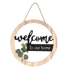 Round Door Wreath with Welcome Sign, Wooden Frame Decorative Wreath with Artificial Green Leaves, 26 cm Welcome Door Wreath for Front Door, Living Room, Window