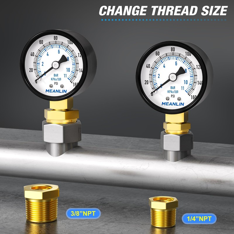 MEANLIN Measuring Pressure Gauge, 0-160 PSI, 2" Dial Face, 1/8"