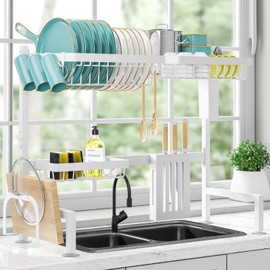 Sakugi Dish Drying Rack - Large Over The Sink Dish Drainer Drying Rack (30.0" to 33.9" W), Large Capacity Stainless Steel Dish Rack, Multifunctional Kitchen Organizers and Storage Rack, White
