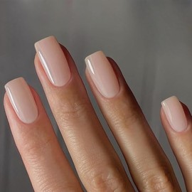 KQueenest 30 Pcs Natural Nude Press On Uñas Cortas Medianas Cuadradas Falsas Acrílicas, Pegamento de Gel de Color Sólido En Uñas, Clavos Falsos de Ata