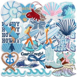 DAVBNM 24Pcs Coastal Cowgirl Iron On Patches, Summer Ocean Embroidered Blue Patches for Girls, Heat Press Embroidery Patch for Clothes Dress Pants Hats Jeans Beach Bags