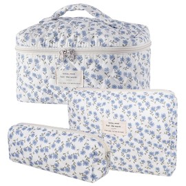 Everfunny 3 Pcs Cotton Quilted Makeup Bag Set, Floral Cotton Cosmetic Bag, Aesthetic Toiletry Travel Organizer Bag for Women, Blue Dandelion, Cosmetic Bag