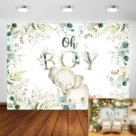 Avezano Oh Boy Elephant Backdrop for Baby Shower Decoration Photography Background Gold Greenery Leaves Baby Shower Birthday Party It's a Boy Elephant Backdrops Photoshoot (7x5ft)
