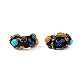 Kenneth Jay Lane Enamel and Polished Gold Clip Hoop Earring with Turquoise and Multicolored Crystal Stone Accents (Black)