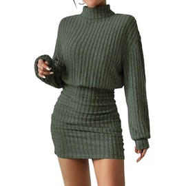Women's Pullover Sweater Dress Long Lantern Sleeve Turtle Neck Cute Ribbed Knit Bodycon Mini Short Dress 2024 Fall-Green-M