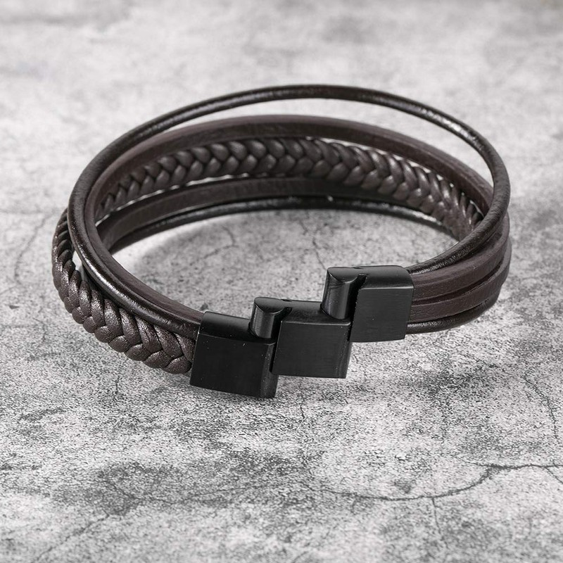 murtoo Mens Leather Bracelet with Magnetic Clasp Cowhide Multi-Layer Braided